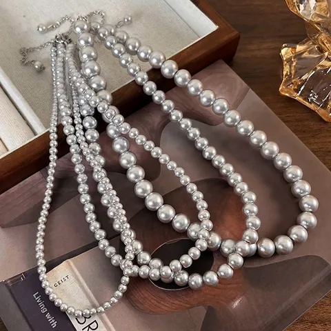 Collana Vintage Di Künstliche Perle Di Vetro Grigio Donna Elegante Girocollo Di Künstliche Perle Con Catena Di Estensione Regolabile Gioielli