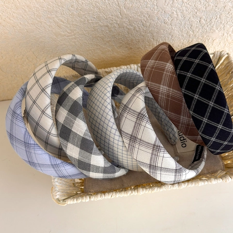 Vintage Preppy Style Plaid Headband For Women Padded Thickened Hair Band Handmade Cloth Checkered Hair Hoop Volumizing Accessory