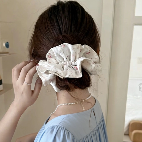 Blumen Haargummis Baumwollstoff Haarbänder Handgefertigt Etikett Pink Blume Bogen Print Rüschen Große Haarringe Für Damen