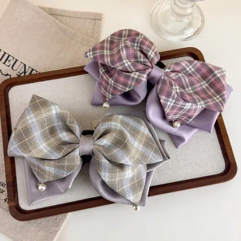 Elegante Molletta per Capelli a Fiocco Scozzese Con Ciondolo in Perla Artificiale in Tessuto di Raso Accessori per Capelli