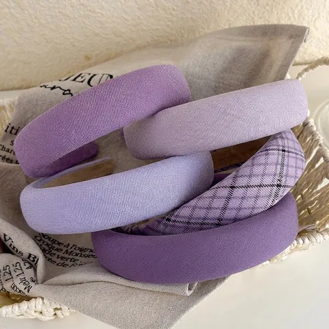 Women Purple Padded Sponge Headband Vintage Plaid Solid Color Wide Brim Hair Band Korean Handmade Fashion Hair Accessories