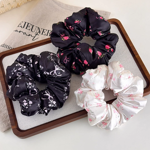 Coleteros Grandes de Satén Estilo Francés para Mujer Elegante Patrón de Rosa Gomas de Pelo Elásticas Accesorios de Pelo Vintage