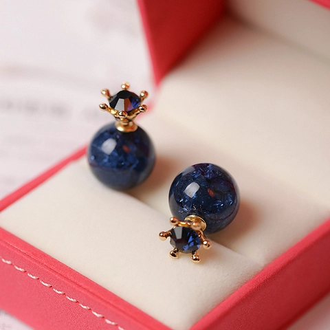 Korean Vintage Double Sided Stud Earrings For Women Blue Starry Bead Crown Rhinestone Gold Plated Front Back Fashion Jewelry