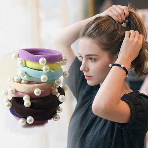 Sweet Elastic Fabric Hair Scrunchies With Artificial Pearl Elegant Hair Tie Mixed Color Ponytail Holder Hair Jewelry