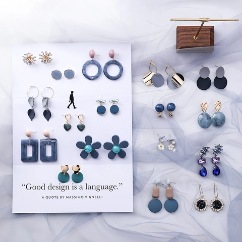 Pendientes de Aleación Gris Azul de Moda Coreana Pendientes de Estrás Florales Geométricos Simples para Mujer Joyería Minimalista de Moda Regalo