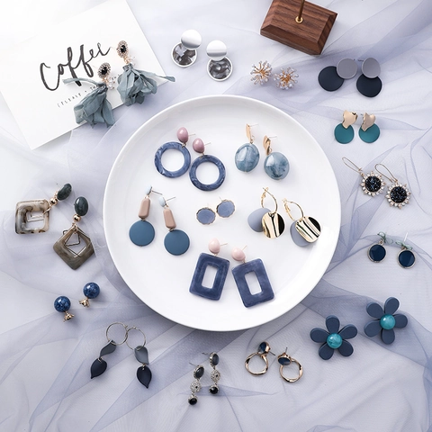 Pendientes de Aleación Gris Azul de Moda Coreana Pendientes de Estrás Florales Geométricos Simples para Mujer Joyería Minimalista de Moda Regalo