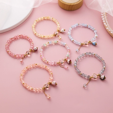 Dulce Pulsera de Cuentas de Gato de la Suerte para Mujeres Niñas Cristal Agrietado Aleación Pulsera Elástica Maneki Neko Cerámica Colgante Joyería Regalo