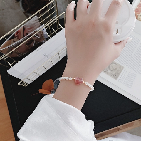 Barock Süßwasserperlen Armband Mit Rosa Herz Erdbeerkristall Goldener OT-Verschluss Eleganter Schmuck Für Damen