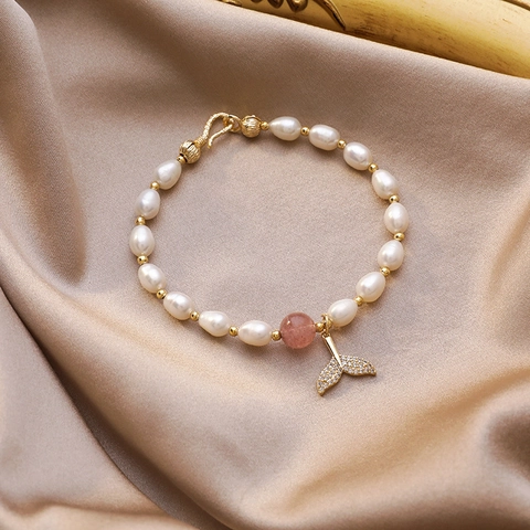 Süßwasserperle Armband Für Damen Elegant Meerjungfrauenschwanz Anhänger Gold Legierung Perlenarmband Mit Rosa Erdbeerquarz Schmuck