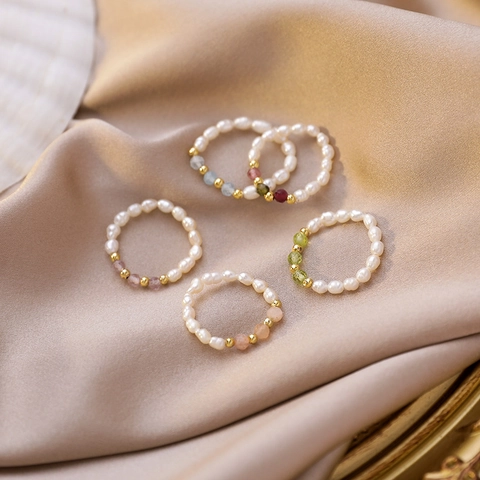 Handmade Beaded Freshwater Pearl Artificial Crystal Ring Elegant French Style Stackable Colorful Jewelry For Women Girls