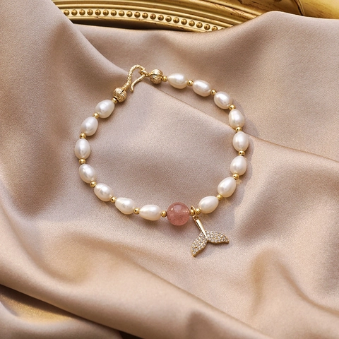 Süßwasserperle Armband Für Damen Elegant Meerjungfrauenschwanz Anhänger Gold Legierung Perlenarmband Mit Rosa Erdbeerquarz Schmuck