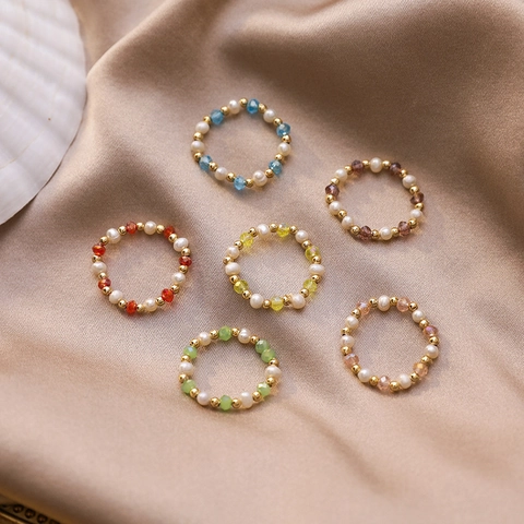 Bagues en Perles à la Main Avec Perle d'Eau Douce Cristal Artificiel Alliage Coloré Style Fée Bague Élastique pour Femme Cadeau Bijoux
