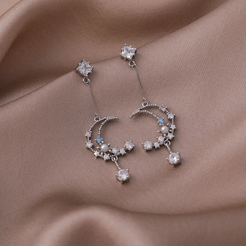 Vintage Mondsichel Stern Quaste Ohrhänger Kupfer Mikro Eingelegt Zirkonia Künstliche Perle Tropfen Ohrringe Für Damen Schmuck Geschenk
