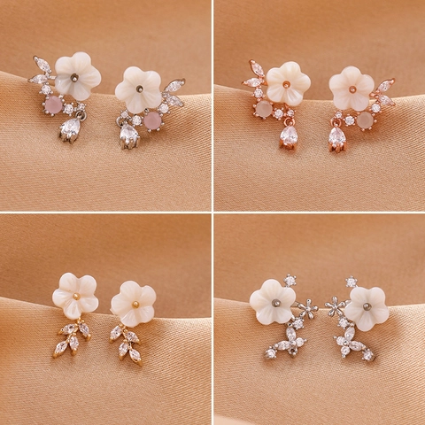Pendientes de Botón de Flor de Concha Con Poste de Plata de Ley 925 Colgante de Circonita Gota de Agua Joyería Floral Mujer