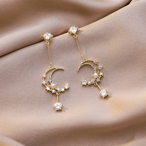 Vintage Mondsichel Stern Quaste Ohrhänger Kupfer Mikro Eingelegt Zirkonia Künstliche Perle Tropfen Ohrringe Für Damen Schmuck Geschenk
