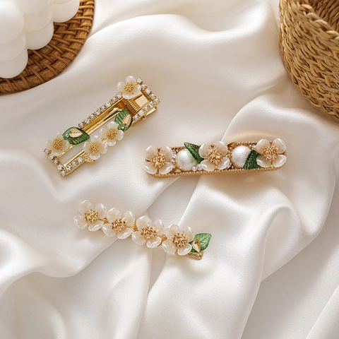 Fermagli per Capelli in Lega a Fiore Vintage Francese Resina Perla Artificial Sintetica Strass Foglia Verde Becco di Corvo Donna