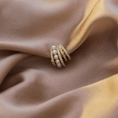 Lujo Manguito de Oreja Multicapa de Cobre Bañado en Oro Con Estrella Perla Artificial Blanca Circonita Sin Perforación Joyería Mujer