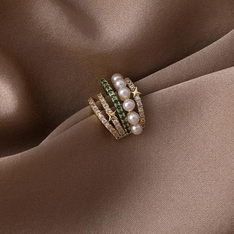 Lujo Manguito de Oreja Multicapa de Cobre Bañado en Oro Con Estrella Perla Artificial Blanca Circonita Sin Perforación Joyería Mujer