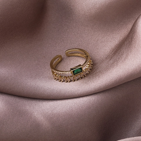 Leichter Luxus Grüner Zirkonia Offener Ring Vergoldetes Kupfer Doppelschichtig Verstellbarer Finger Schmuck Für Damen