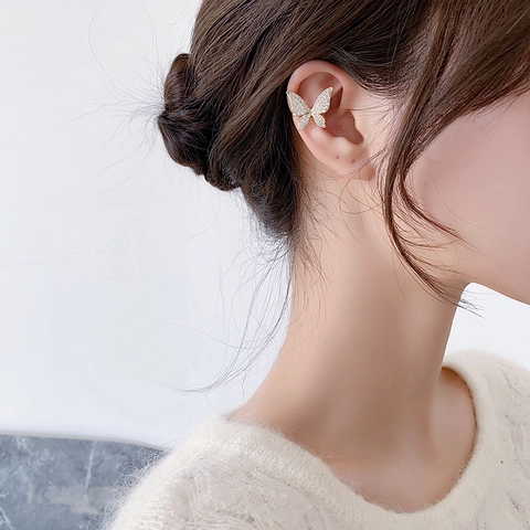 Butterfly Ear Cuff Non Pierced Earring Gold Plated Copper White Zircon Vintage Minimalist Women Party Jewelry Accessory