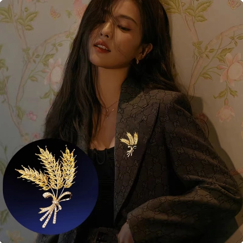 Élégante Broche Épi de Blé Doré en Alliage et Strass pour Femme Accessoires de Veste de Costume de Luxe Broche Fleur de Blé Bijoux