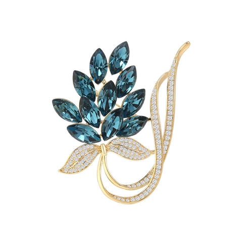 Spilla a Forma di Stelo di Fiore in Lega Dorata Con Strass Blu Scuro Marquise per Donna Accessori Moda di Fascia Alta Gioielli