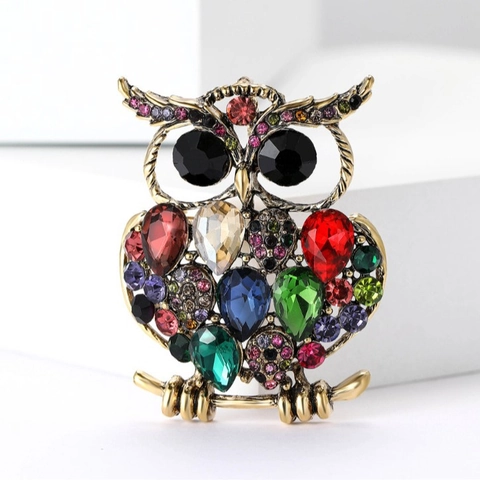 Vintage Legering Strass Uil Broche Elegant Veelkleurig Mode Kleding Decoratie Sieraden Borstspeld Cadeau Voor Vrouwen