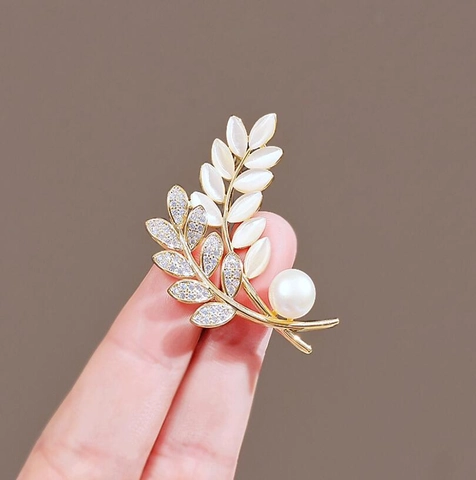 Elegante Spilla in Lega a Forma di Spiga di Grano da Donna Spilla a Foglia d'Oro con Perle Artificiali e Strass Gioielli per Matrimoni e Feste