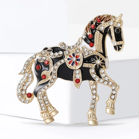 Spilla a Forma di Cavallo in Smalto Vintage di Lusso Lega Strass Olio a Goccia Animale Pin per Donna Uomo Abito Cappotto Banchetto Gioielli