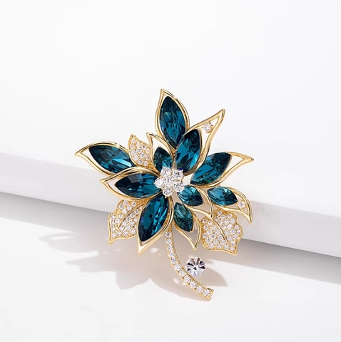 Luxury Alloy Flower Brooch With Dark Blue Crystal Elegant Botanical Floral Pin For Women Wedding Party Clothing Jewelry