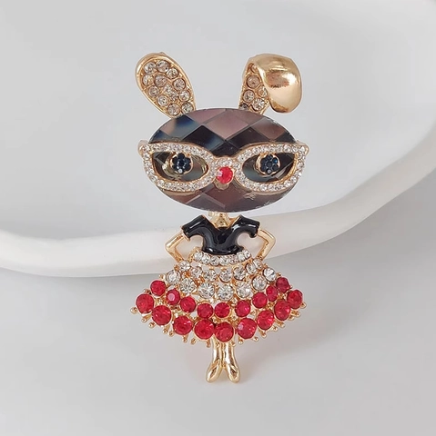 Broche de Aleación Vintage de Niña Conejo de Dibujos Animados Con Gafas de Strass Alfiler de Figura de Animal para Accesorios de Moda Mujer