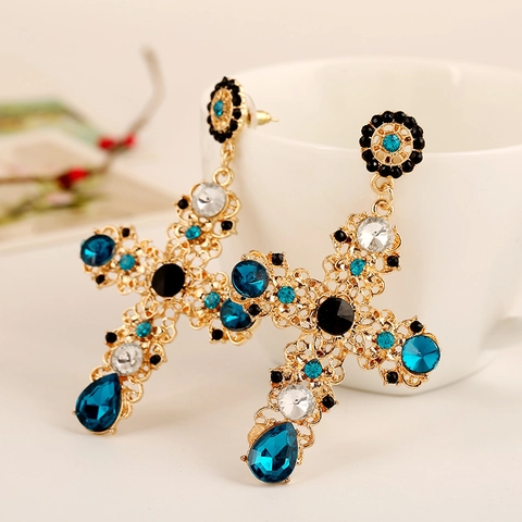 Orecchini Pendenti a Croce in Lega con Strass Gotico Vintage per Donna Stile Barocco Reale Traforato Gioielli Regalo