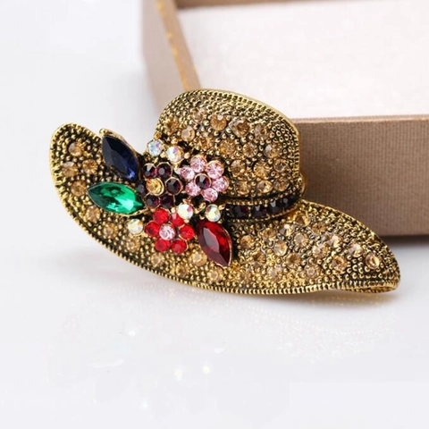 Vintage Alloy Sun Hat Shape Brooch With Multi-Color Rhinestones Antique Gold Flower Pin For Women Wedding Party Clothes Accessories