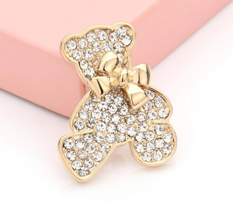 Pendiente de Oso de Peluche con Diamantes de Imitación Brillantes Broche de Aleación con Lazo para Mujer Joyería de Moda