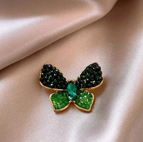Broche de Mariposa Verde de Aleación Vintage Con Cristal de Diamantes de Imitación para Mujer Decoración de Ropa de Lujo Joyería