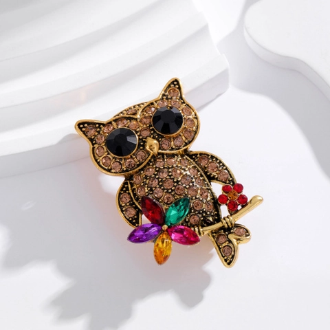 Vintage Legierung Strass Eule Brosche Bunte Kristall Blume Tier Pin Für Damen Bankett Party Elegante Schmuck Accessoire