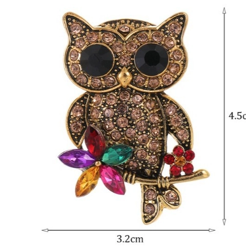 Vintage Legierung Strass Eule Brosche Bunte Kristall Blume Tier Pin Für Damen Bankett Party Elegante Schmuck Accessoire