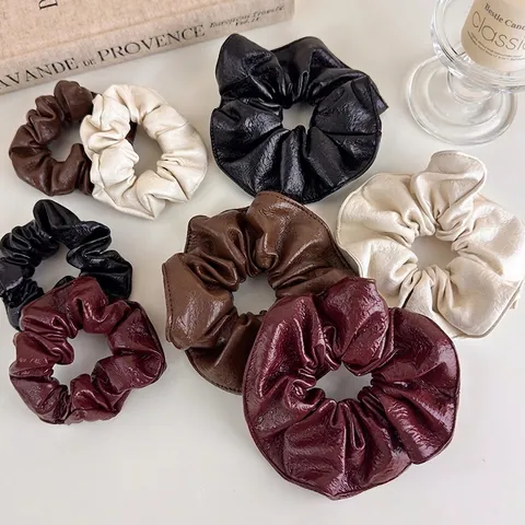 French Retro PU Leather Scrunchies High Elasticity Solid Color Pleated Hair Ties Fashion Ponytail Holder For Women Daily