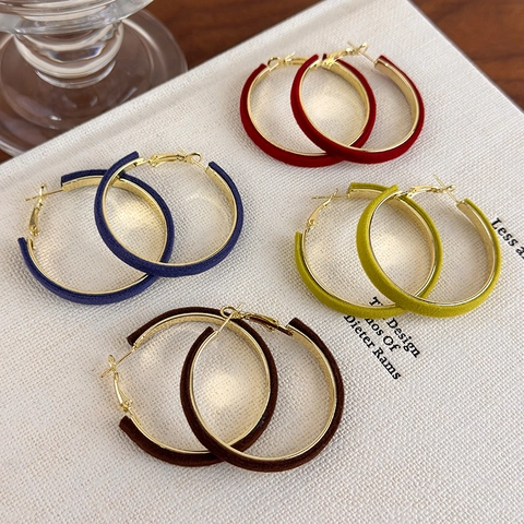 French Vintage Velvet Cloth Oversized Hoop Earrings For Women Alloy Electroplated Round Circle Earrings Elegant Retro Jewelry Gift