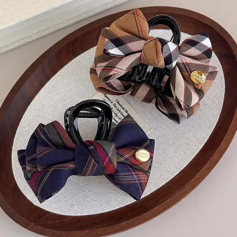 Molla per Capelli con Fiocco a Quadretti in Stile Britannico Vintage per Donna Grande Pinza a Granchio Elegante Accessori Capelli