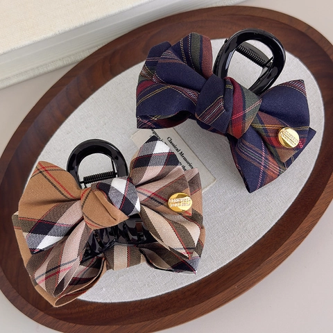Molla per Capelli con Fiocco a Quadretti in Stile Britannico Vintage per Donna Grande Pinza a Granchio Elegante Accessori Capelli