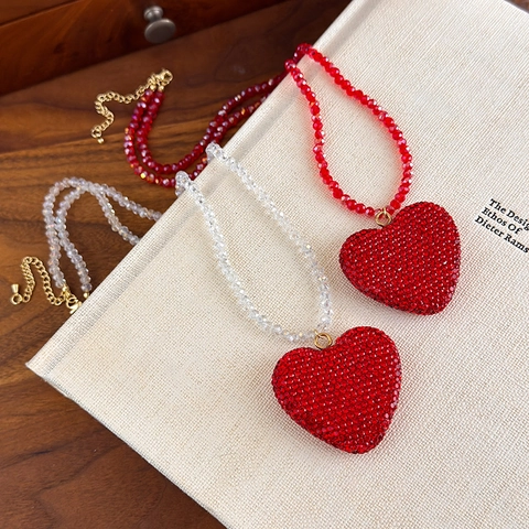 Red Artificial Crystal Heart Pendant Necklace For Women Full Rhinestone Beaded Choker Sweet Style Fashion Jewelry Gift