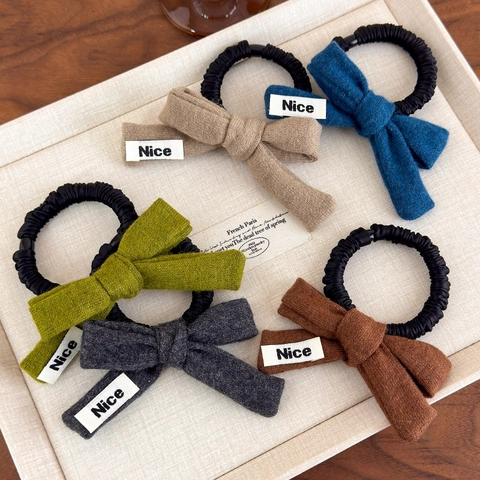 Koreanischer Stil Gestrickte Schleife Haargummis Für Damen Handgemachte Stoff Haarbänder Elastische Pferdeschwanzhalter Mit Buchstabenetikett