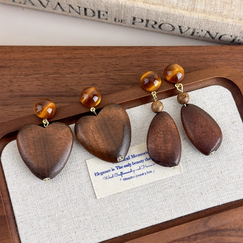 Retro Geometric Wooden Drop Earrings For Women Resin Bead Wood Heart Dangle Earrings Natural Style Fashion Handcrafted Jewelry