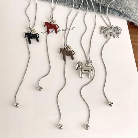 Vintage Horse Pendant Necklace Stainless Steel Snake Chain Adjustable Y-Necklace For Women Elegant Animal Sweater Chain