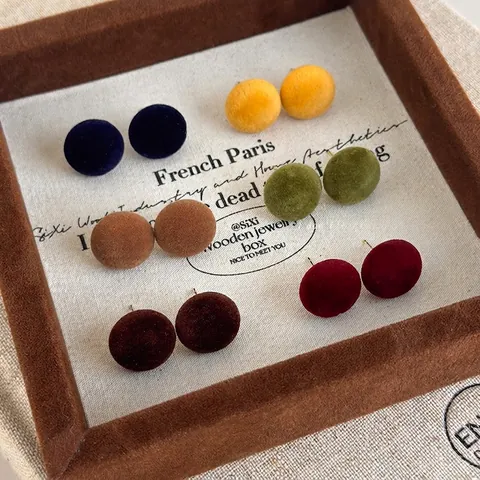 Vintage Flocked Round Ball Stud Earrings Copper Earring Post Retro Autumn Winter Velvet Earrings For Women Fashion Ear Jewelry