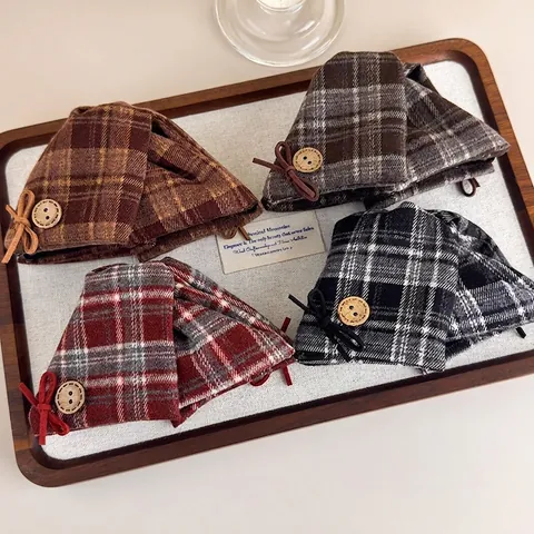 Vintage Plaid Hair Claw Clip Large British Style Checked Hair Catch With Wooden Button Bow Knot Hair Accessory For Women