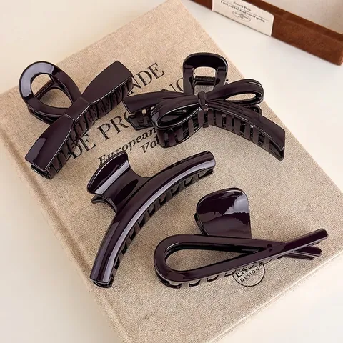 Pince à Cheveux Style Français Grande Brillante en Acrylique Brun Chocolat Nœud Papillon Tenue Forte Accessoire Cheveux Femme