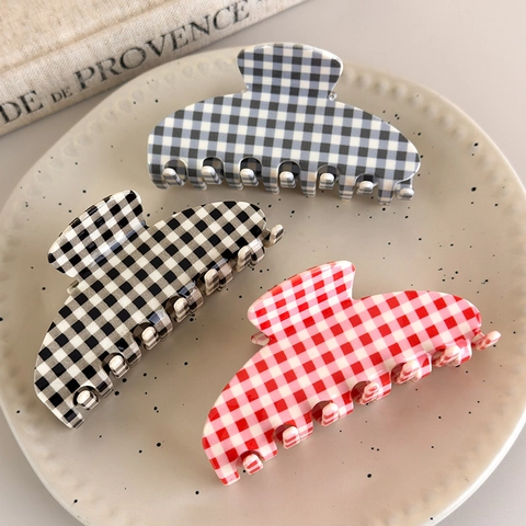 Acetate Hair Claw Clip Checkered Gingham Plaid Large Shark Hairpin French Simple Style For Women Girls Daily Styling