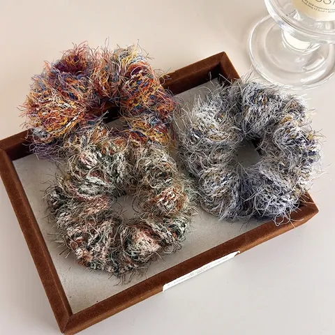 Fluffy Knit Multicolored Scrunchie Korean Style Hair Tie Furry Elastic Hair Band For Women Winter Hair Accessories